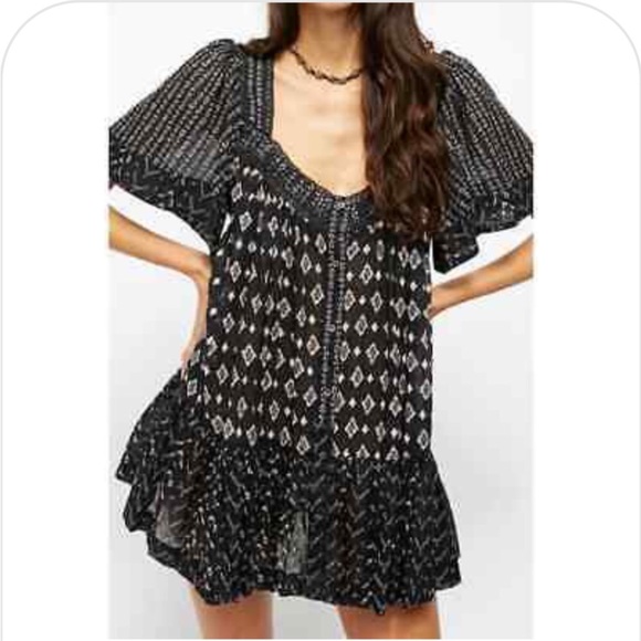 [Freepeople] Black White Printed Lace Button down  Oversized Boho Dresse - Picture 6 of 13